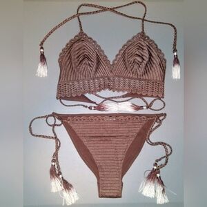 H&M Brown Crochet Side Tie Bikini With White Tassels ~ Sz S Top, 6 Bottoms
